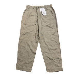 NWT Zara Linen Blend Cargo Pants Size:L Pockets Pull On women Olive Lightweight
